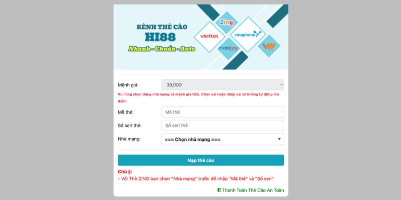 Nạp tiền Hi88 bảo mật thông tin với thẻ cào điện thoại